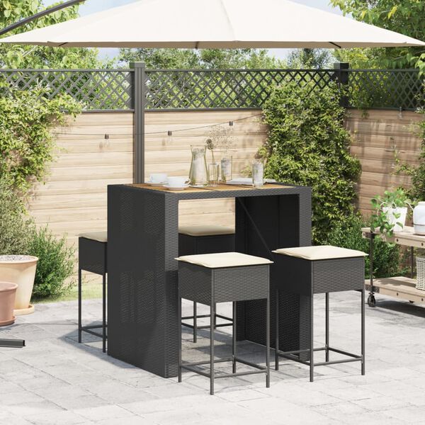 vidaXL 5-tlg. Gartenbar-Set mit Kissen Schwarz Poly Rattan
