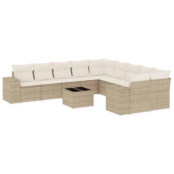 vidaXL 11-tlg. Garten-Sofagarnitur mit Kissen Beige Poly Rattan