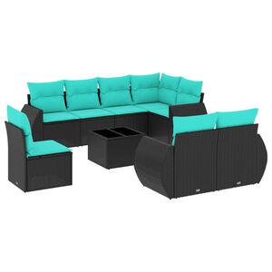 vidaXL 9-teiliges Gartensofa-Set mit Kissen, schwarzes Polyrattan