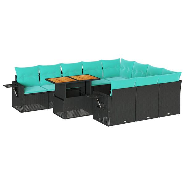 vidaXL 11-tlg. Garten-Sofagarnitur mit Kissen Schwarz Poly Rattan