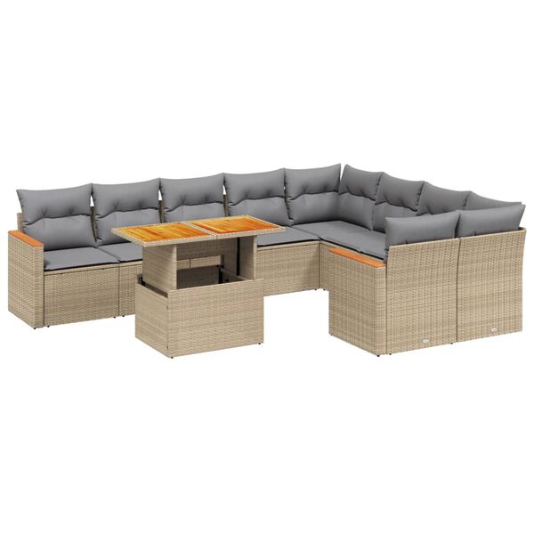 vidaXL 10-tlg. Garten-Sofagarnitur mit Kissen Beige Poly Rattan