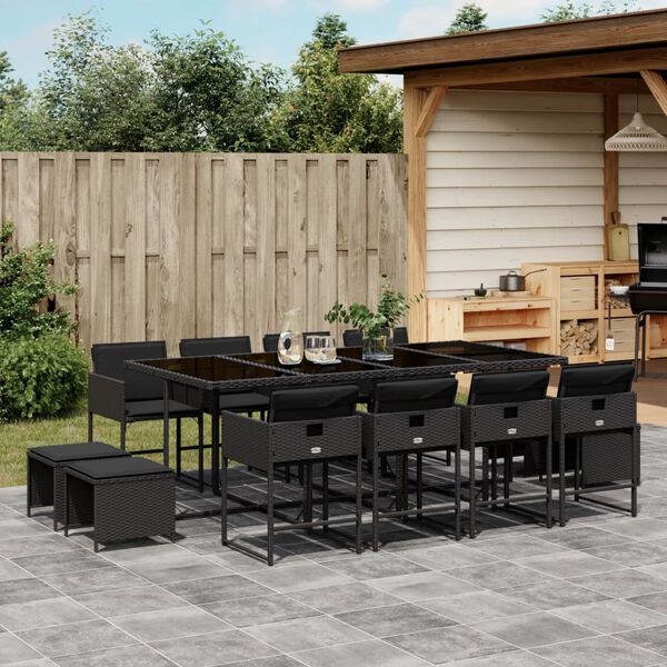 vidaXL 13-tlg. Garten-Essgruppe mit Kissen Schwarz Poly Rattan