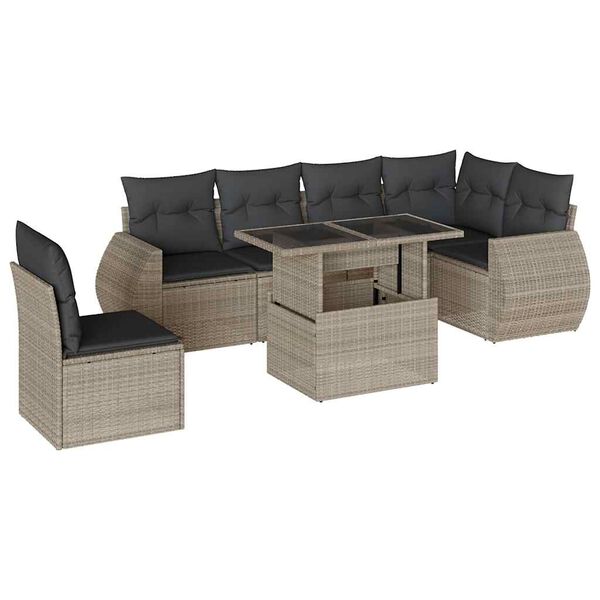 vidaXL 7-tlg. Garten-Sofagarnitur mit Kissen Hellgrau Poly Rattan