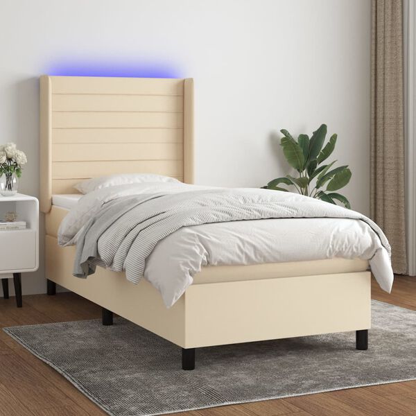 vidaXL Boxspringbett mit Matratze & LED Creme 90x190 cm Stoff