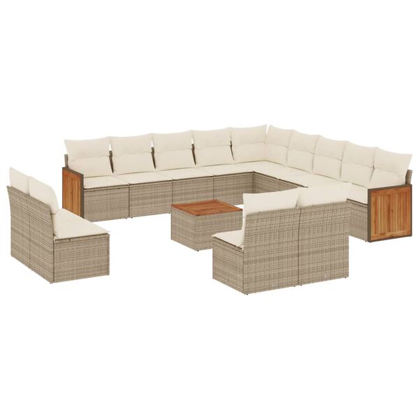 vidaXL 14-tlg. Garten-Sofagarnitur mit Kissen Beige Poly Rattan