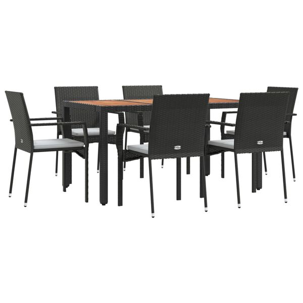 vidaXL 7-tlg. Garten-Essgruppe mit Kissen Schwarz Poly Rattan