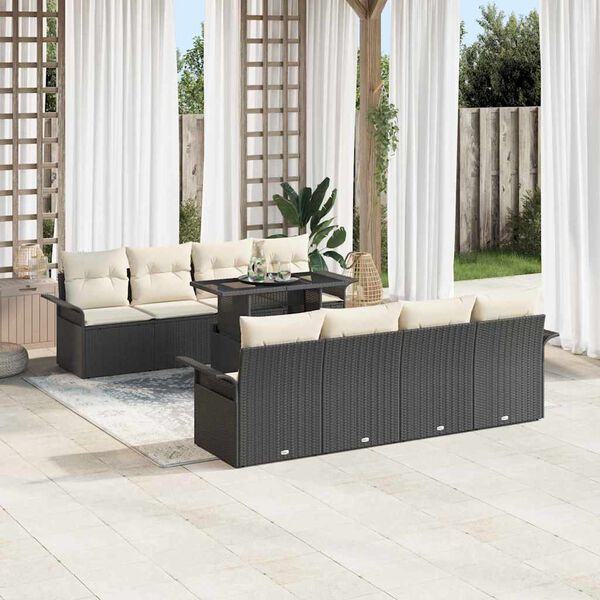 vidaXL Garten-Sofa-Set mit Kissen 9 pcs Schwarz Poly Rattan