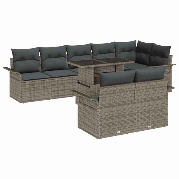 vidaXL Garten-Sofa-Set mit Kissen mit Speicher 9 pcs Grau Poly Rattan