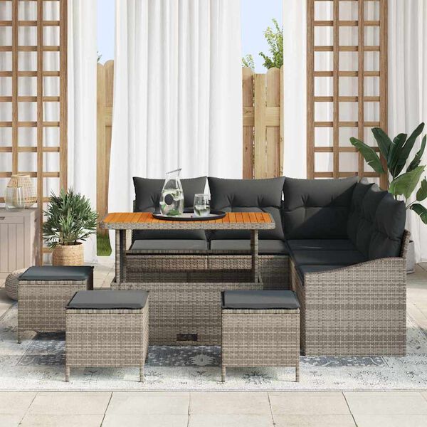 vidaXL Gartensofa-set mit Kissen 9 pcs Grau Poly-Rattan