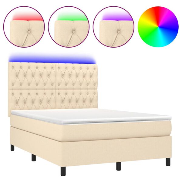 vidaXL Boxspringbett mit Matratze & LED Creme 140x200 cm Stoff