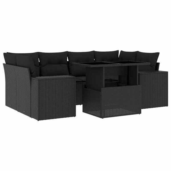 vidaXL 7-tlg. Garten-Sofagarnitur mit Kissen Schwarz Poly Rattan