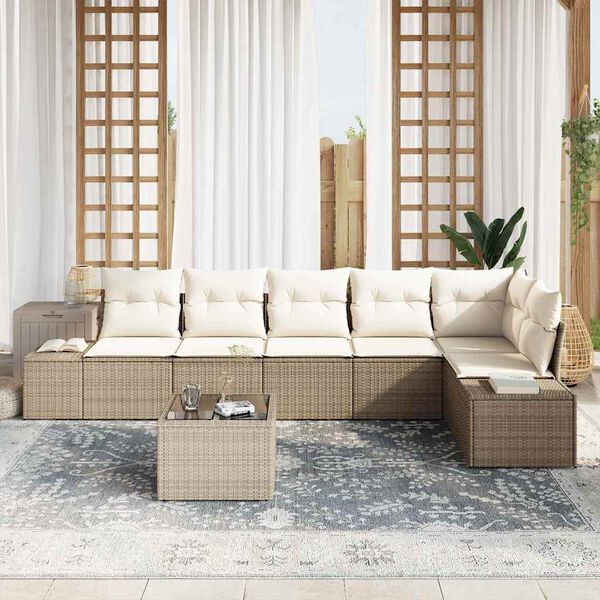 vidaXL Gartensofa-set mit Kissen 7 pcs Beige und Creme Poly-Rattan