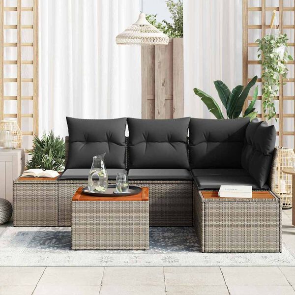 vidaXL Garten-Sofa-Set mit Kissen mit Speicher 5 pcs Grau Poly Rattan