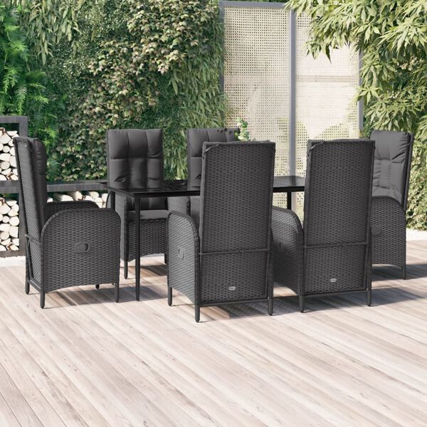 vidaXL 7-tlg. Garten-Essgruppe mit Kissen Schwarz Poly Rattan