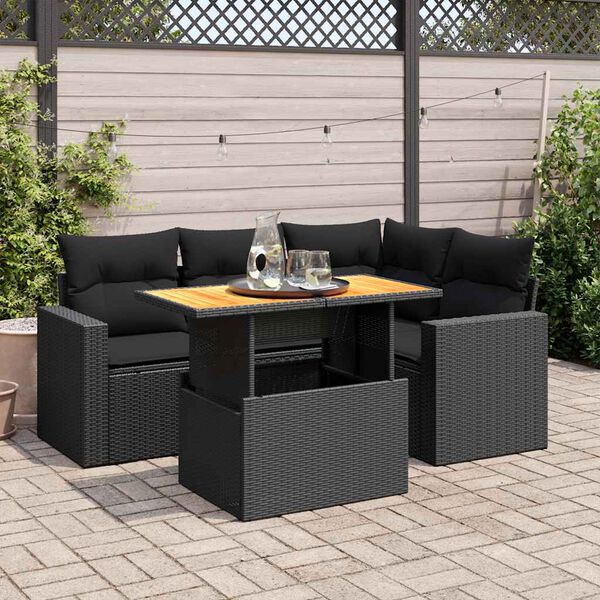 vidaXL 5-tlg. Garten-Sofagarnitur mit Kissen Schwarz Poly Rattan