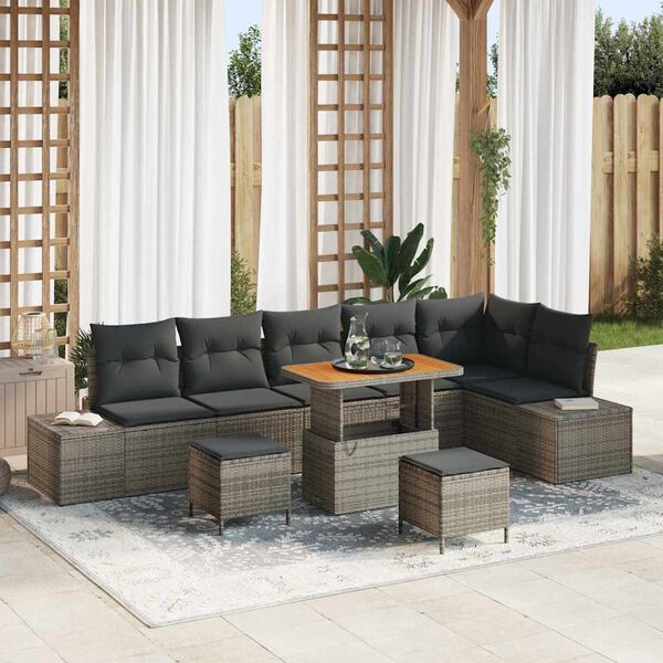 vidaXL Gartensofa-set mit Kissen mit Speicher 9 pcs Grau Poly Rattan
