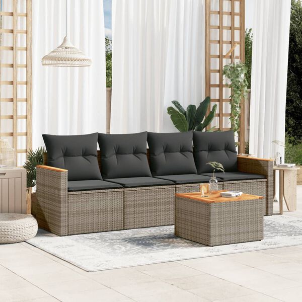 vidaXL 5-tlg. Garten-Sofagarnitur mit Kissen Grau Poly Rattan