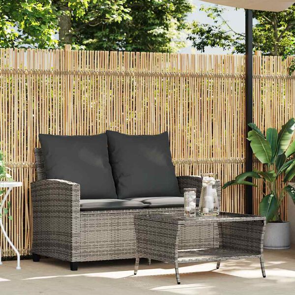 vidaXL Gartensofa 2-Sitzer mit Kissen & Tisch Grau Poly Rattan