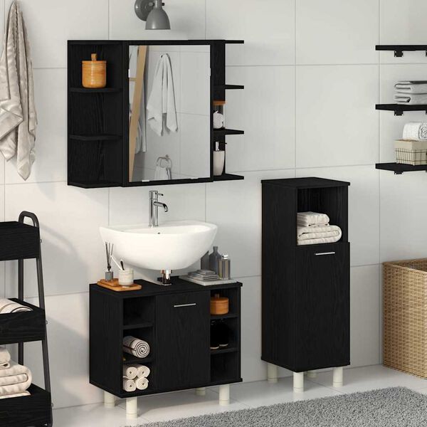 vidaXL Badezimmerm&ouml;bel-Set mit Regal 3 pcs Schwarz 30 x 30 x 99,5 cm