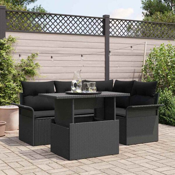 vidaXL Garten-Sofa-Set mit Kissen 5 pcs Schwarz Poly Rattan