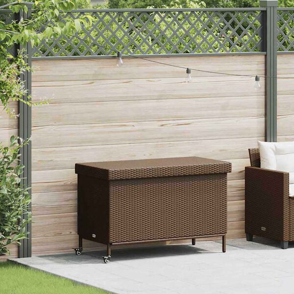 vidaXL Gartentruhe mit Rollen Braun 110x55x73 cm Poly Rattan
