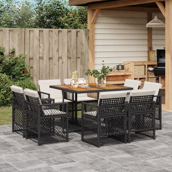 vidaXL 9-tlg. Garten-Essgruppe mit Kissen Schwarz Poly Rattan