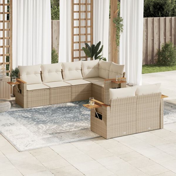 vidaXL 7-tlg. Garten-Sofagarnitur mit Kissen Beige Poly Rattan