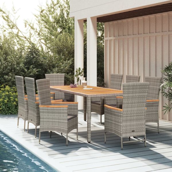 vidaXL 9-tlg. Garten-Essgruppe mit Kissen Grau Poly Rattan