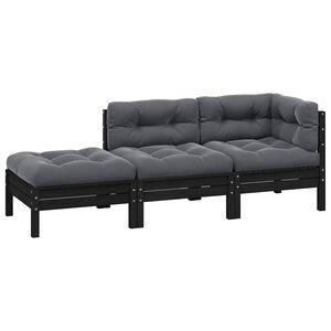 vidaXL 3-tlg. Garten-Lounge-Set mit Kissen Schwarz Kiefer Massivholz
