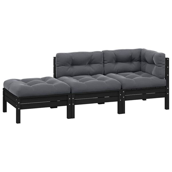 vidaXL 3-tlg. Garten-Lounge-Set mit Kissen Schwarz Kiefer Massivholz