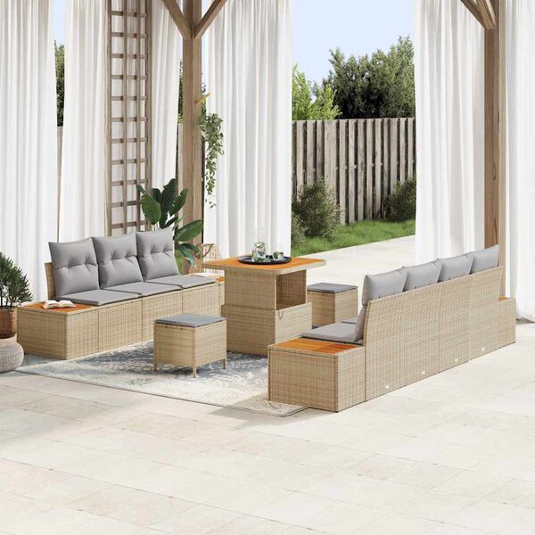 vidaXL Gartensofa-set mit Kissen mit Speicher 10 pcs Beige Poly Rattan