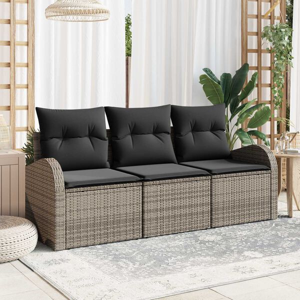 vidaXL Garten-Sofa-Set mit Kissen 3 pcs Grau Poly Rattan