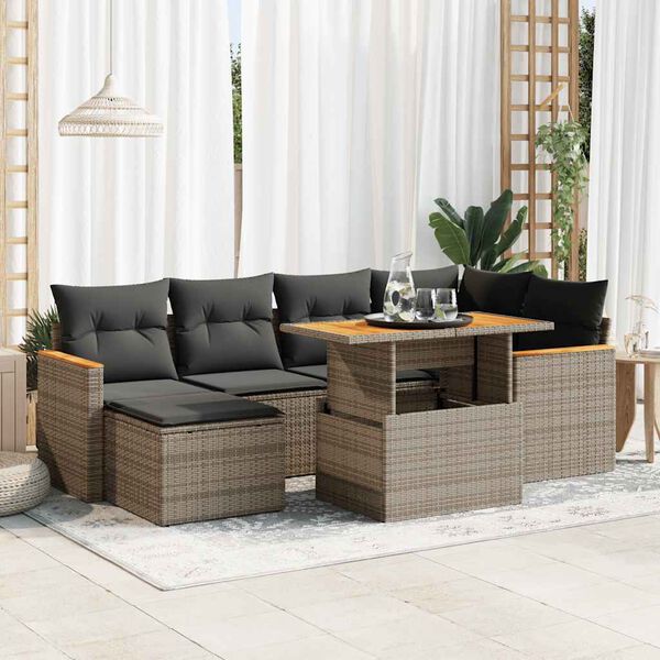 vidaXL 7-tlg. Garten-Sofagarnitur mit Kissen Grau Poly Rattan Akazie