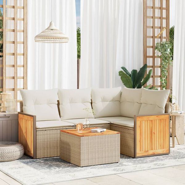 vidaXL 5-tlg. Garten-Sofagarnitur mit Kissen Beige Poly Rattan