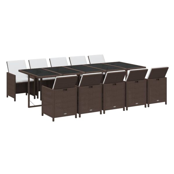 vidaXL 11-tlg. Garten-Essgruppe mit Kissen Poly Rattan Braun