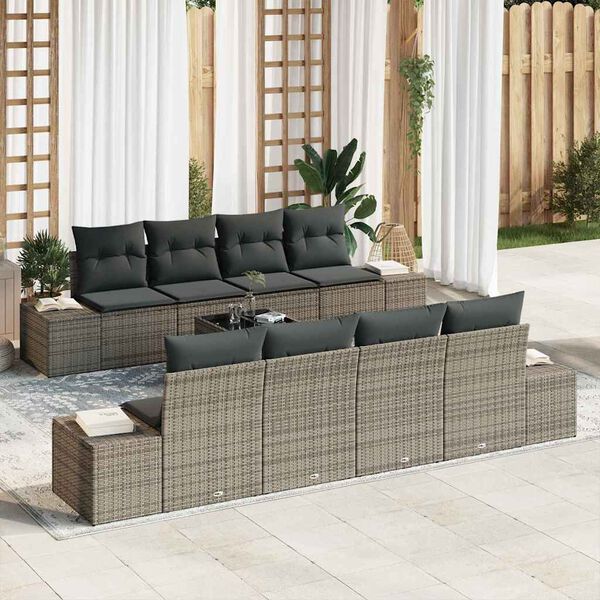 vidaXL Garten-Sofa-Set mit Kissen mit Speicher 8 pcs Grau Poly-Rattan
