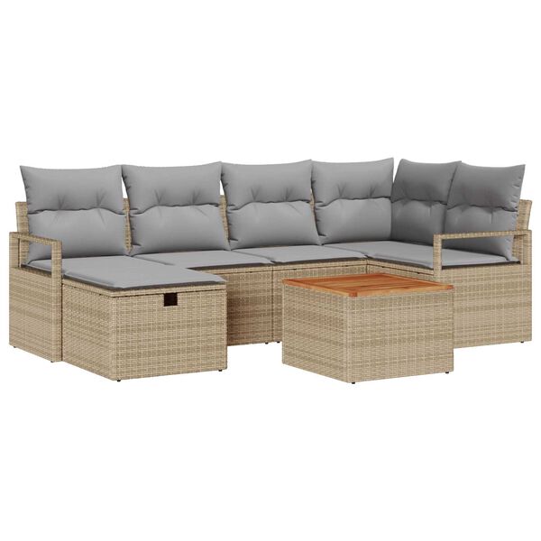 vidaXL Garten-Sofa-Set mit Kissen mit Speicher 7 pcs Beige Poly Rattan