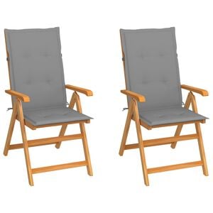 vidaXL Klappst&uuml;hle, 2 St&uuml;ck, mit grauen Kissen, aus massivem Teakholz
