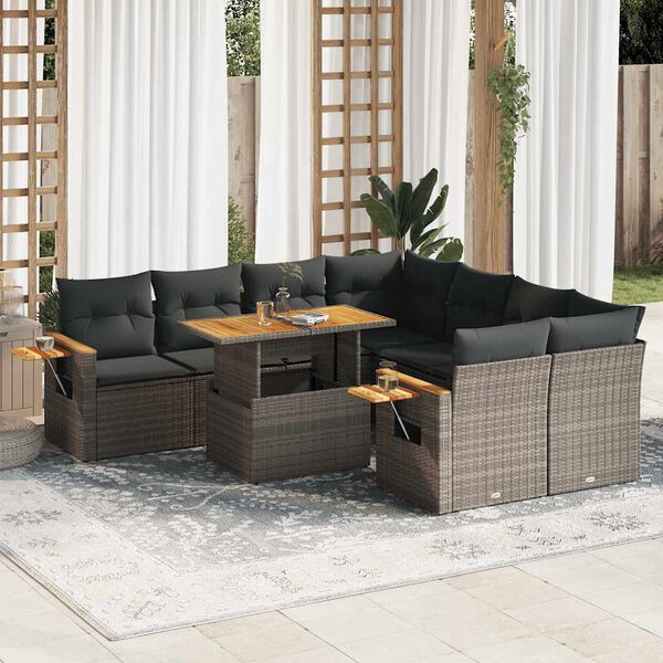 vidaXL 9-tlg. Garten-Sofagarnitur mit Kissen Grau Poly Rattan Akazie