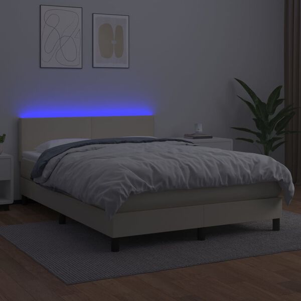 vidaXL Boxspringbett mit Matratze & LED Creme 140x190 cm Kunstleder