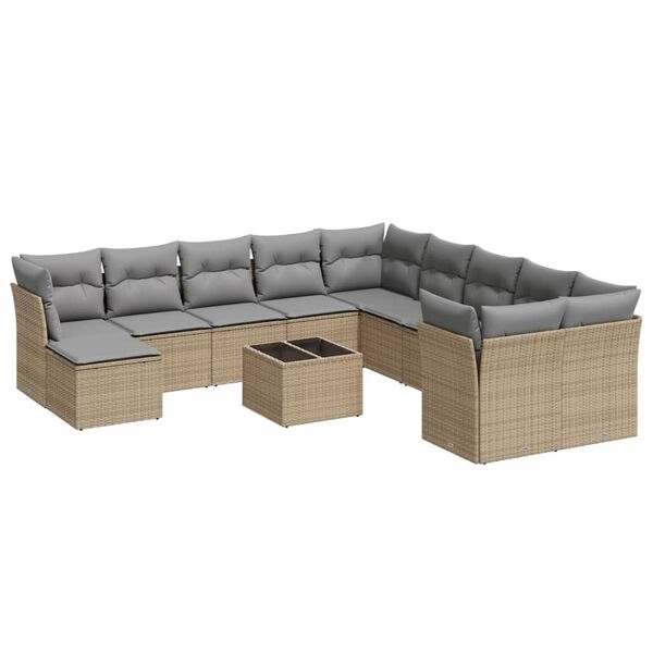 vidaXL 12-tlg. Garten-Sofagarnitur mit Kissen Beige Poly Rattan