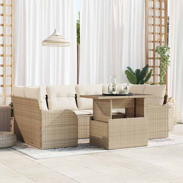 vidaXL Gartensofa-set mit Kissen mit Speicher 7 pcs Beige Poly Rattan