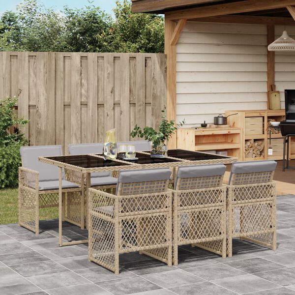 vidaXL 7-tlg. Garten-Essgruppe mit Kissen Beige Poly Rattan