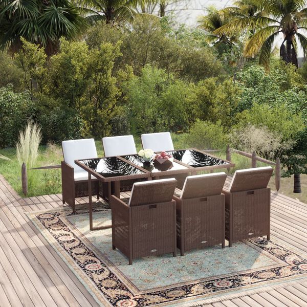 vidaXL 7-tlg. Garten-Essgruppe mit Kissen Poly Rattan Braun