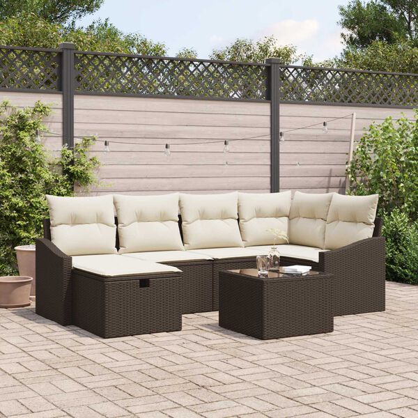 vidaXL Sofa Set mit Kissen 7 pcs Braun und Creme Poly-Rattan