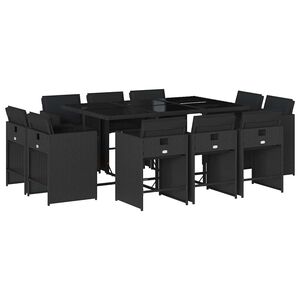 vidaXL 11-tlg. Garten-Essgruppe mit Kissen Schwarz Poly Rattan