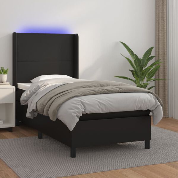 vidaXL Boxspringbett mit Matratze & LED Schwarz 90x190 cm Kunstleder