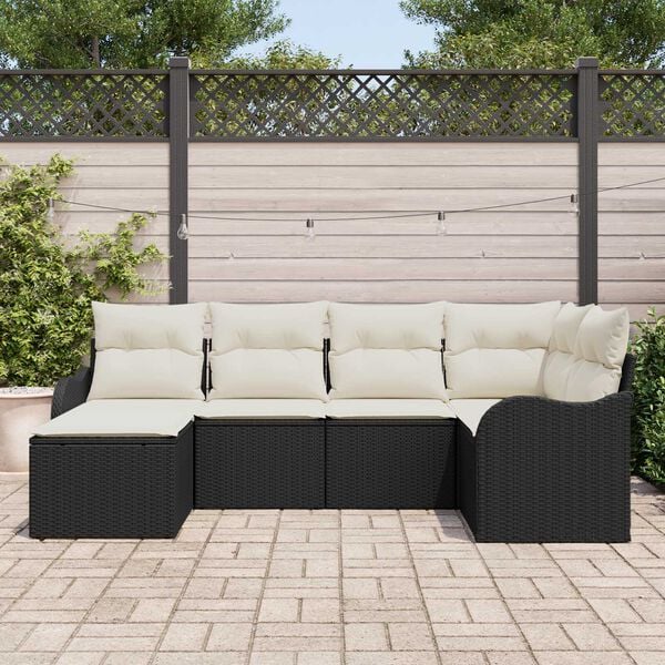 vidaXL Garten-Sofa-Set mit Kissen 6 pcs Schwarz und Weiß Poly Rattan