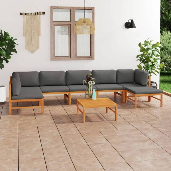 vidaXL 8-tlg. Garten-Lounge-Set mit Grauen Kissen Massivholz Teak