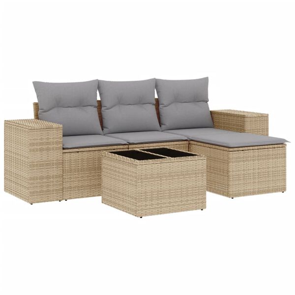 vidaXL 5-tlg. Garten-Sofagarnitur mit Kissen Beige Poly Rattan